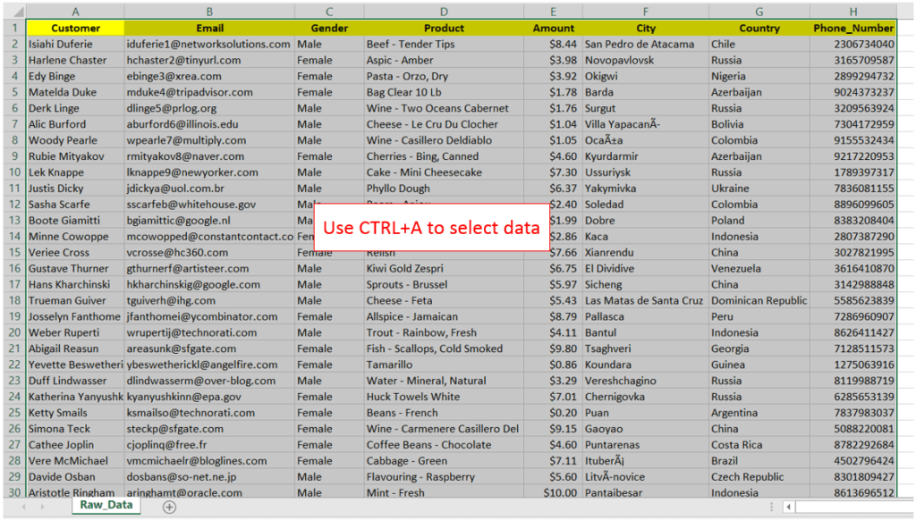 Selection of entire data using CTRL+A