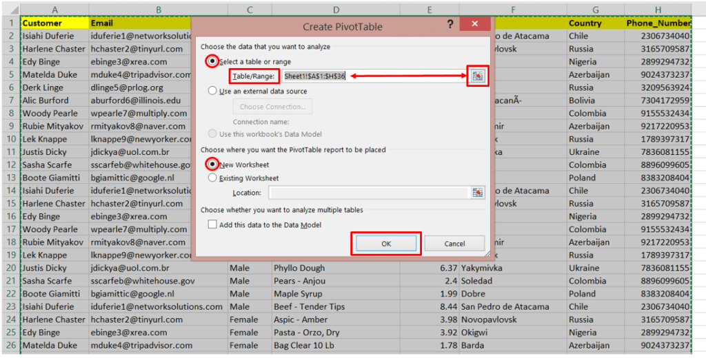 Panel to check lists to apply Pivot Table