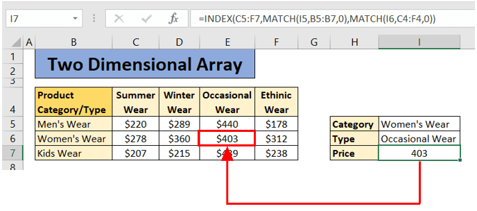 two dimensional array using index match formula in excel with example