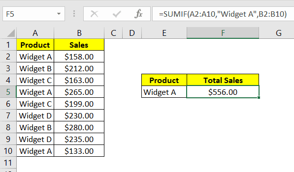 sumif formula in excel example